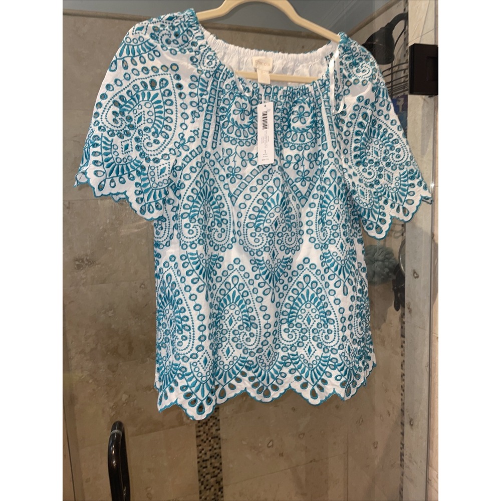 Chico's Petite Off Shoulder Eyelet Embroidery Top White Teal Scalloped Hem 1P